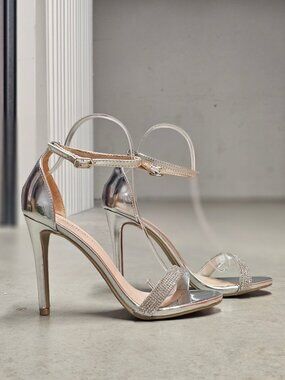 Womens Rhinestone Ankle Strap High Heel Sandals Silver Elegant Formal Party Shoe